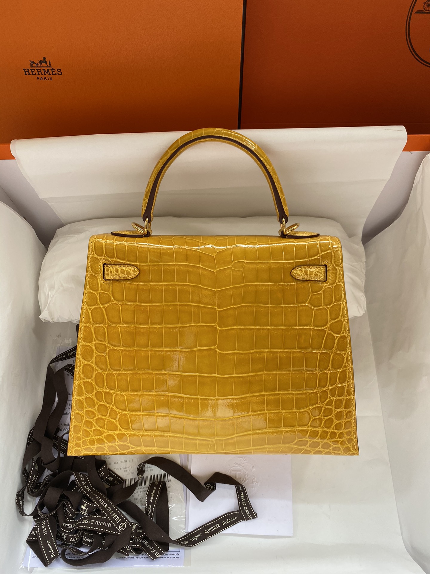 Hermes Kelly 25cm Handbag Shoulder Bag In Yellow Amber Shiny Crocodile Niloticus Leather